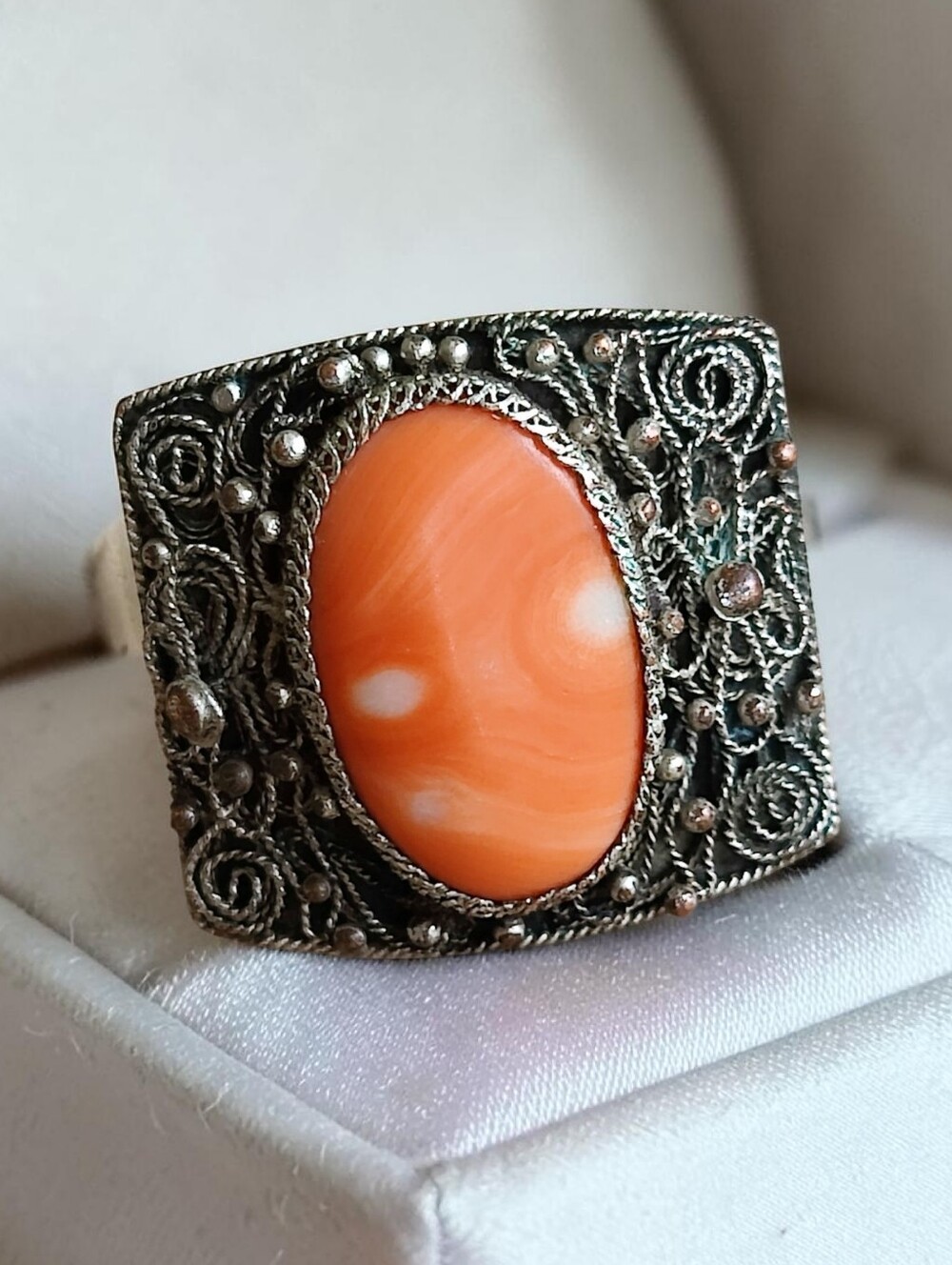 Rare Antique Russian 875 Silver Red Mediterranean Coral Ring